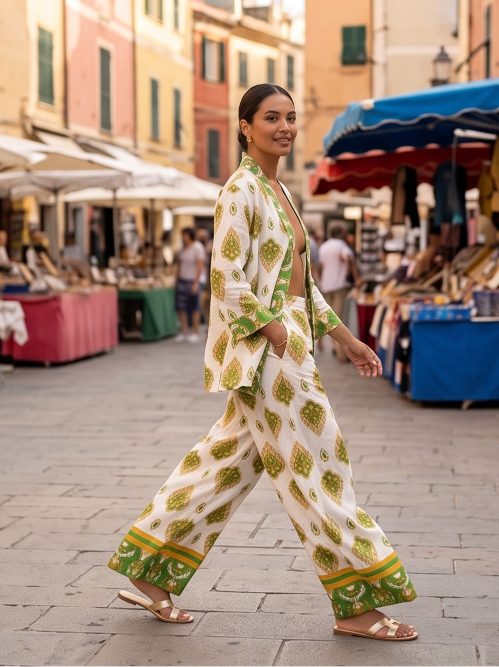 Haute Hippie Women’s White, Green & Gold Printed Linen Wide-Leg Pant Set - Picture 7 of 9